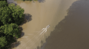 Runoff creates a visible line in the Appomattox River, a major tributary of the James River, which flows into southern Chesapeake Bay in Virginia. Credit: Kenny Fletcher, Chesapeake Bay Foundation